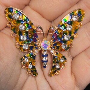 Butterfly Brooch Enamel Rhinestone Gold Tone Insect Pin 2"